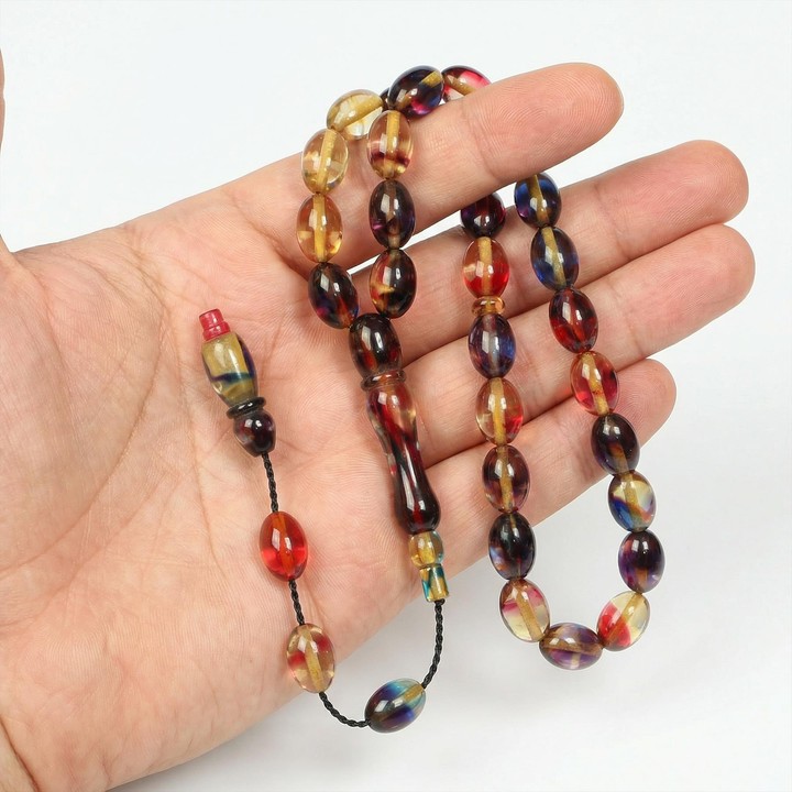 Alacalı Sıkma Kehribar Tesbih (7×11 mm)