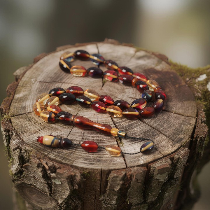 Alacalı Sıkma Kehribar Tesbih (7×11 mm)