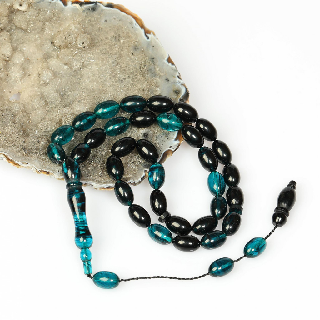 Turkuaz Rengi-Siyah Sıkma Kehribar Tesbih (7×11 mm)