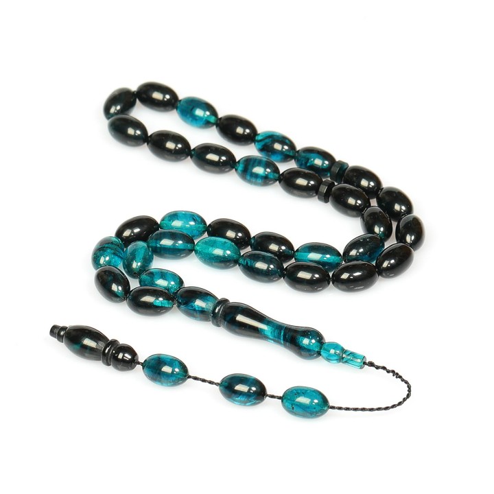 Turkuaz Rengi-Siyah Sıkma Kehribar Tesbih (7×11 mm) - 1