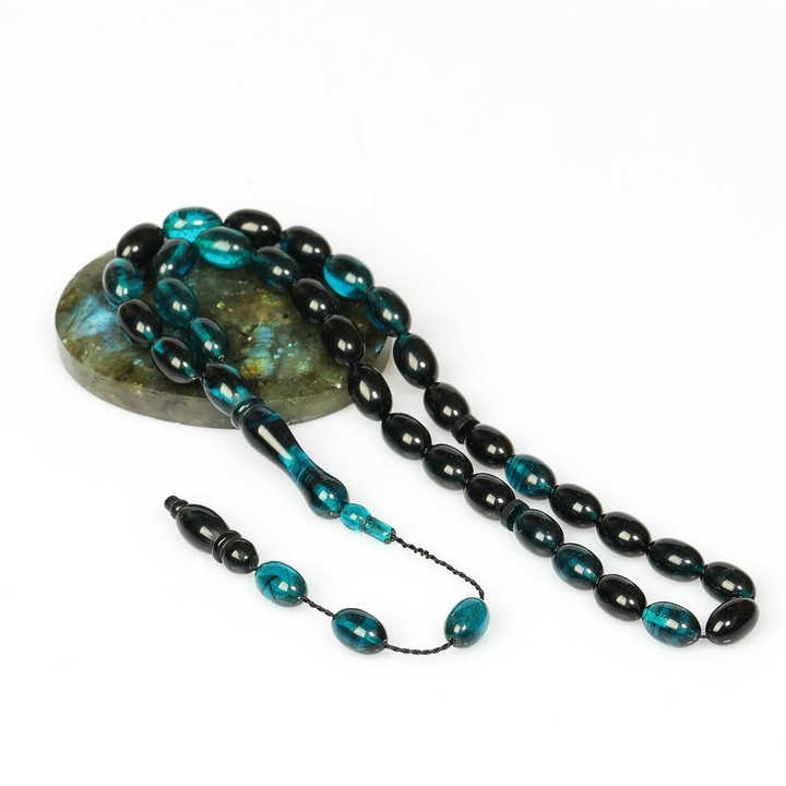 Turkuaz Rengi-Siyah Sıkma Kehribar Tesbih (7×11 mm)