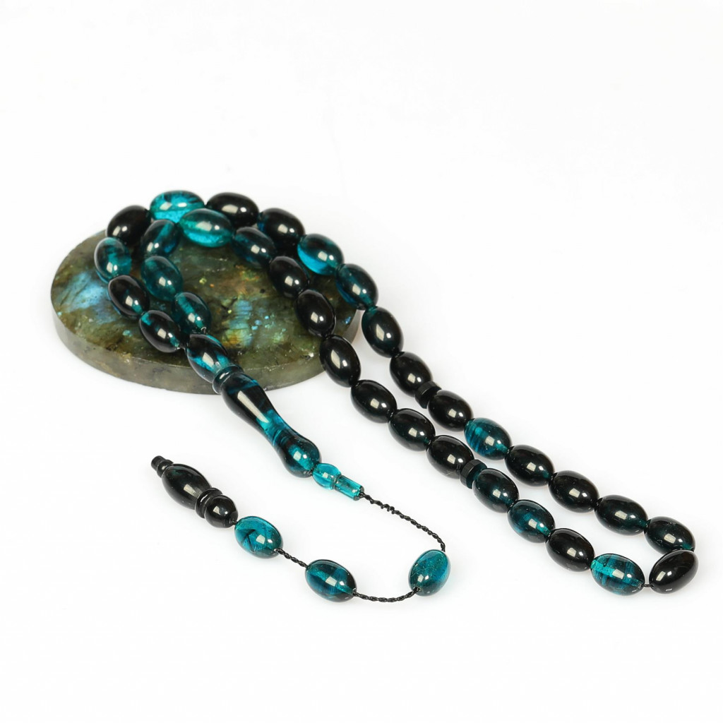 Turkuaz Rengi-Siyah Sıkma Kehribar Tesbih (7×11 mm)