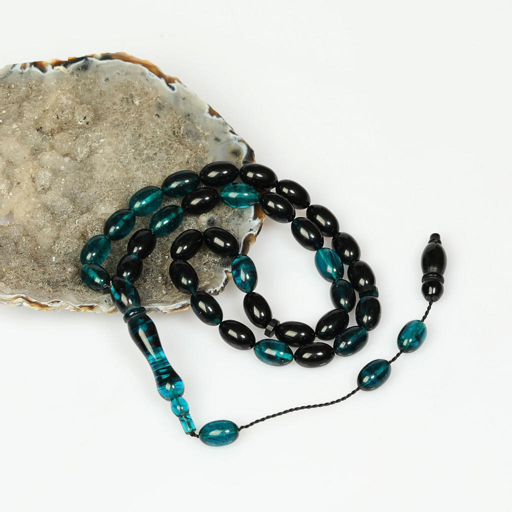 Turkuaz Rengi-Siyah Sıkma Kehribar Tesbih (7×11 mm)