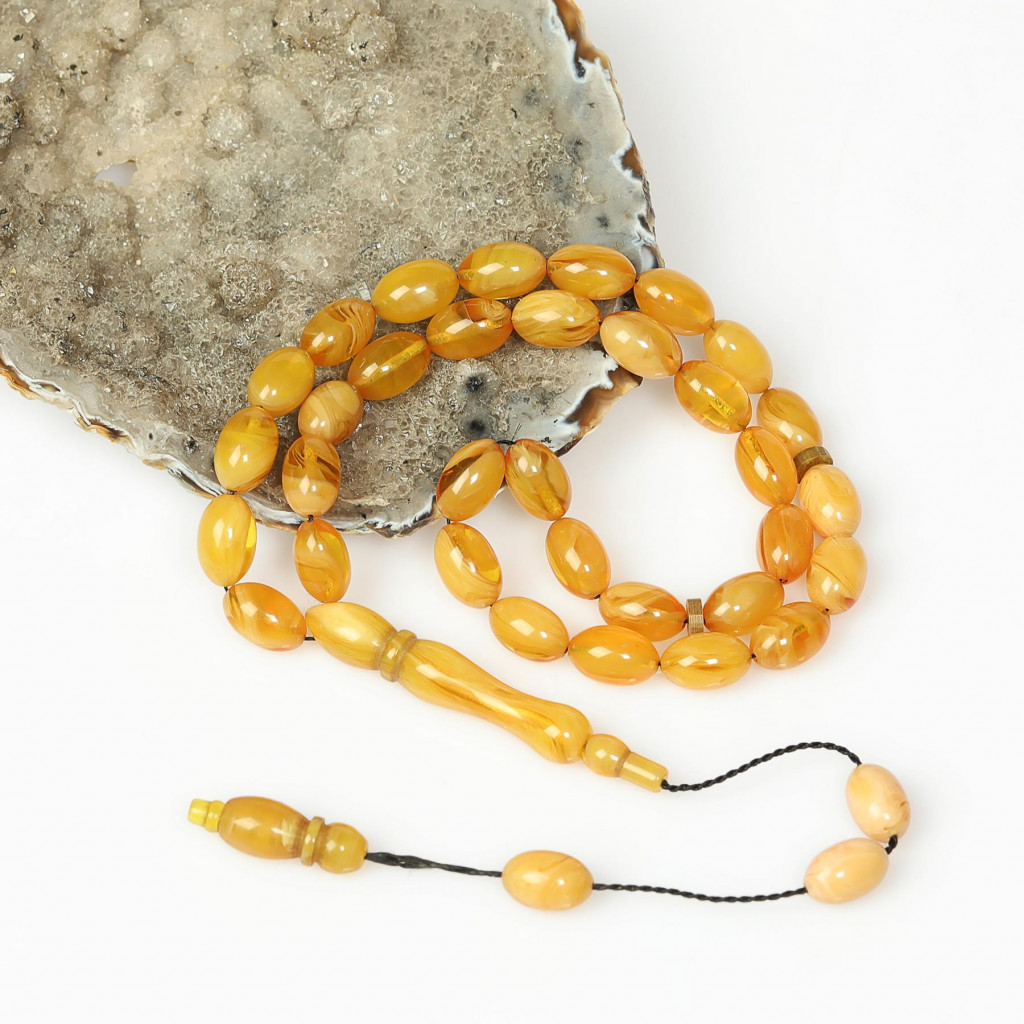 Hareli Sarı Sıkma Kehribar Tesbih (7×11 mm)