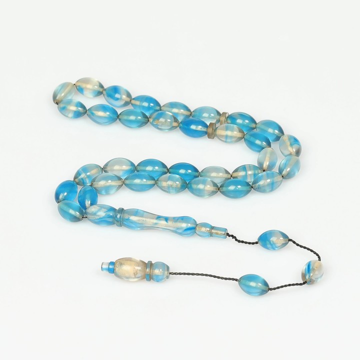 Mavi-Beyaz Sıkma Kehribar Tesbih (7×11 mm) - 1