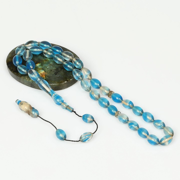 Mavi-Beyaz Sıkma Kehribar Tesbih (7×11 mm) - 2