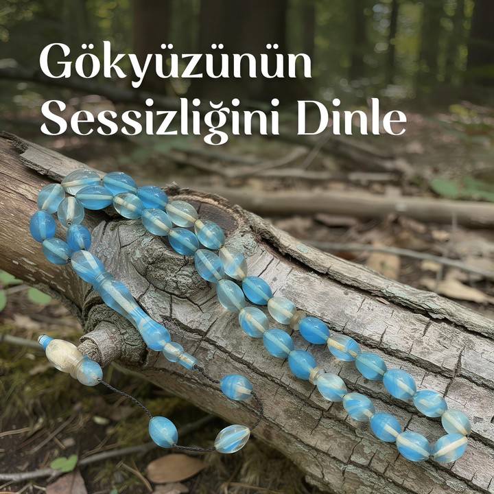 Mavi-Beyaz Sıkma Kehribar Tesbih (7×11 mm)