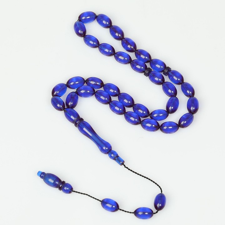 Azure Mavi Sıkma Kehribar Tesbih (7×11 mm)