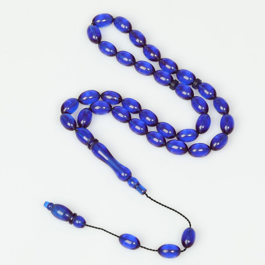 Azure Mavi Sıkma Kehribar Tesbih (7×11 mm)