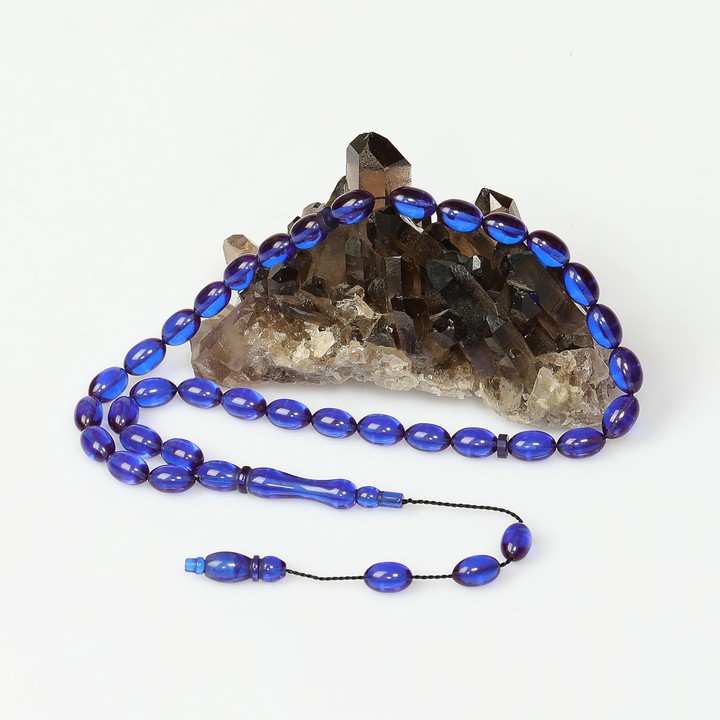 Azure Mavi Sıkma Kehribar Tesbih (7×11 mm)
