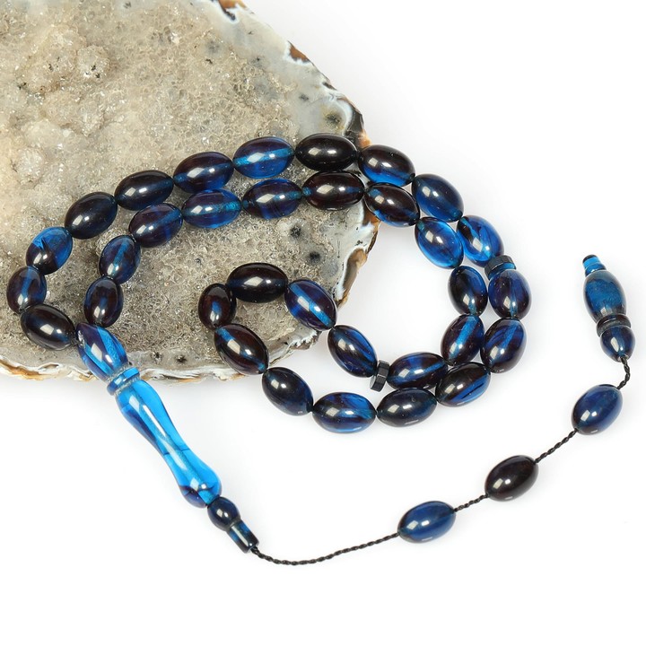 Mavi-Siyah Sıkma Kehribar Tesbih (7×11 mm) - 2