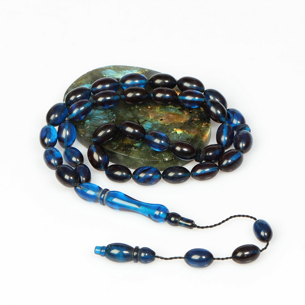 Mavi-Siyah Sıkma Kehribar Tesbih (7×11 mm)