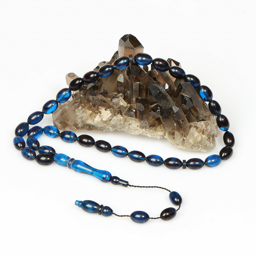 Mavi-Siyah Sıkma Kehribar Tesbih (7×11 mm)