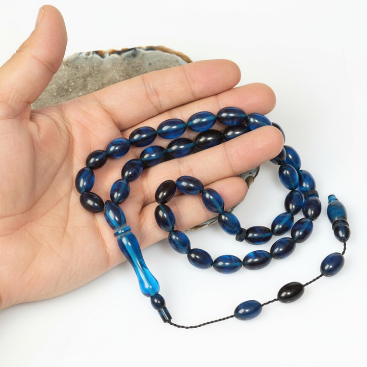 Mavi-Siyah Sıkma Kehribar Tesbih (7×11 mm)