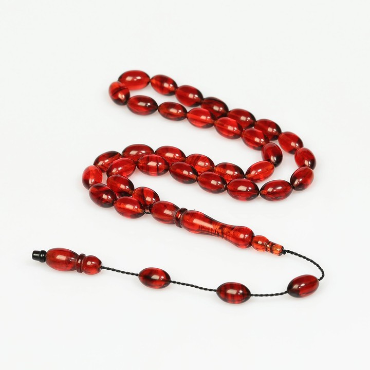 Kırmızı Renk Sıkma Kehribar Tesbih (7*11 mm) - 1