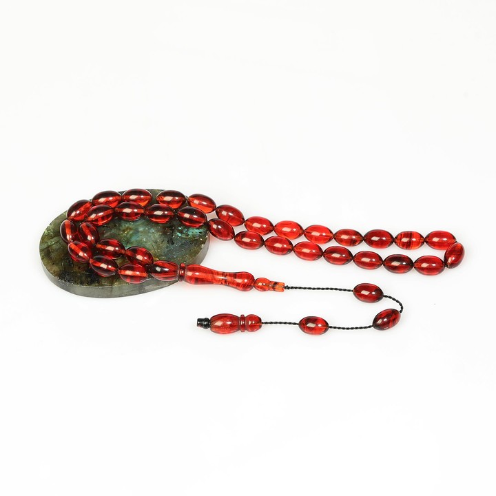 Kırmızı Renk Sıkma Kehribar Tesbih (7*11 mm) - 2
