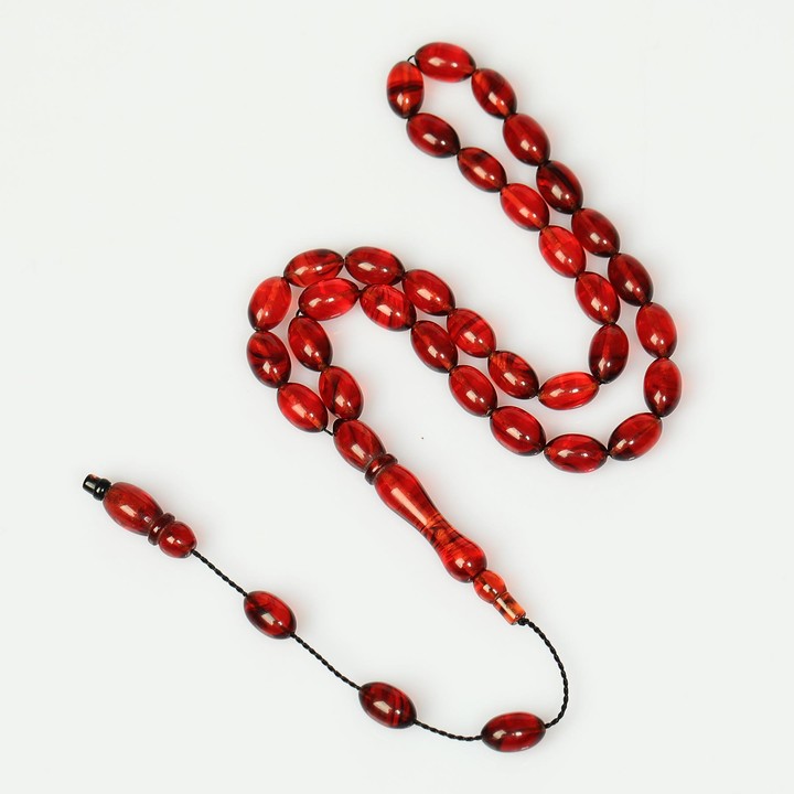 Kırmızı Renk Sıkma Kehribar Tesbih (7*11 mm)