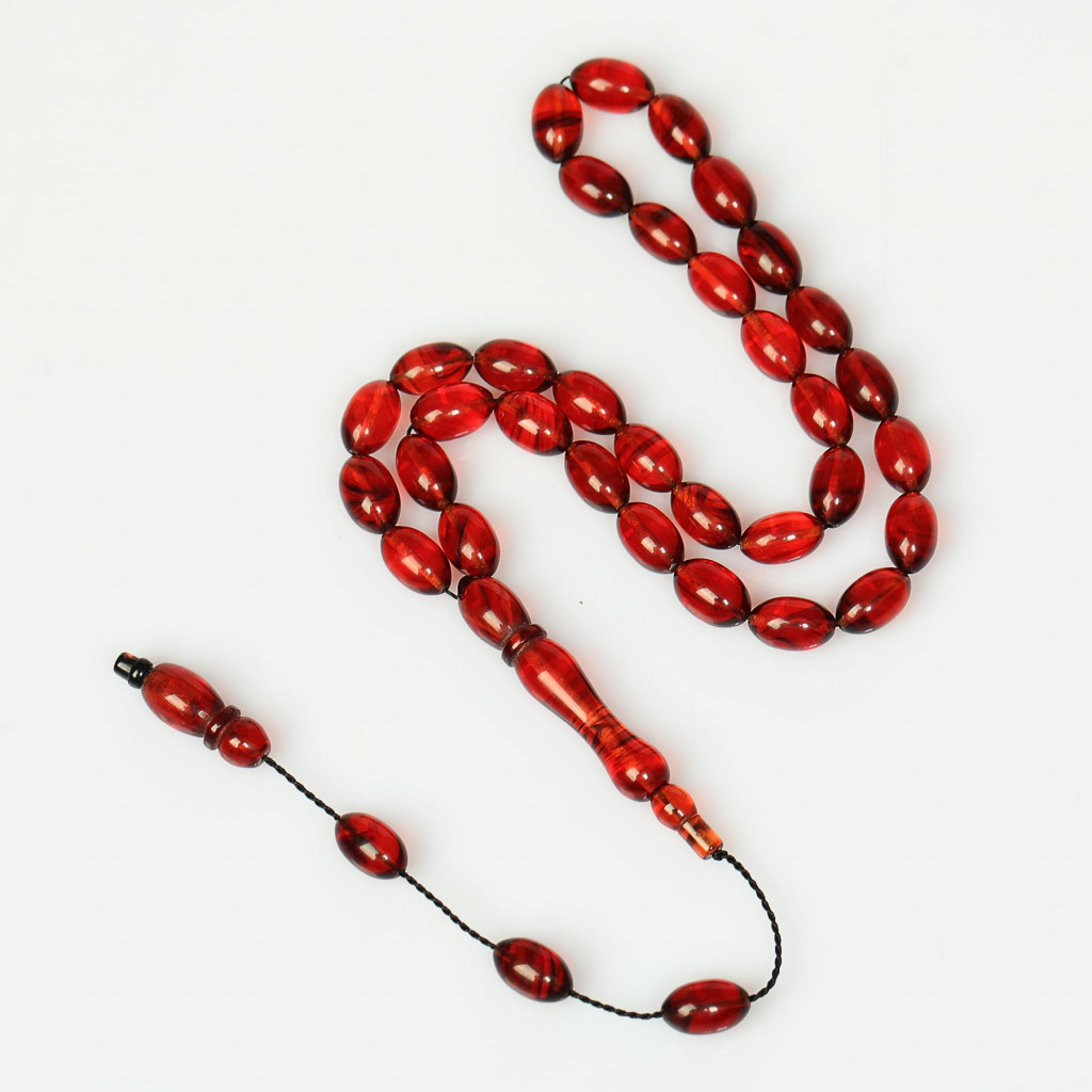 Kırmızı Renk Sıkma Kehribar Tesbih (7*11 mm)