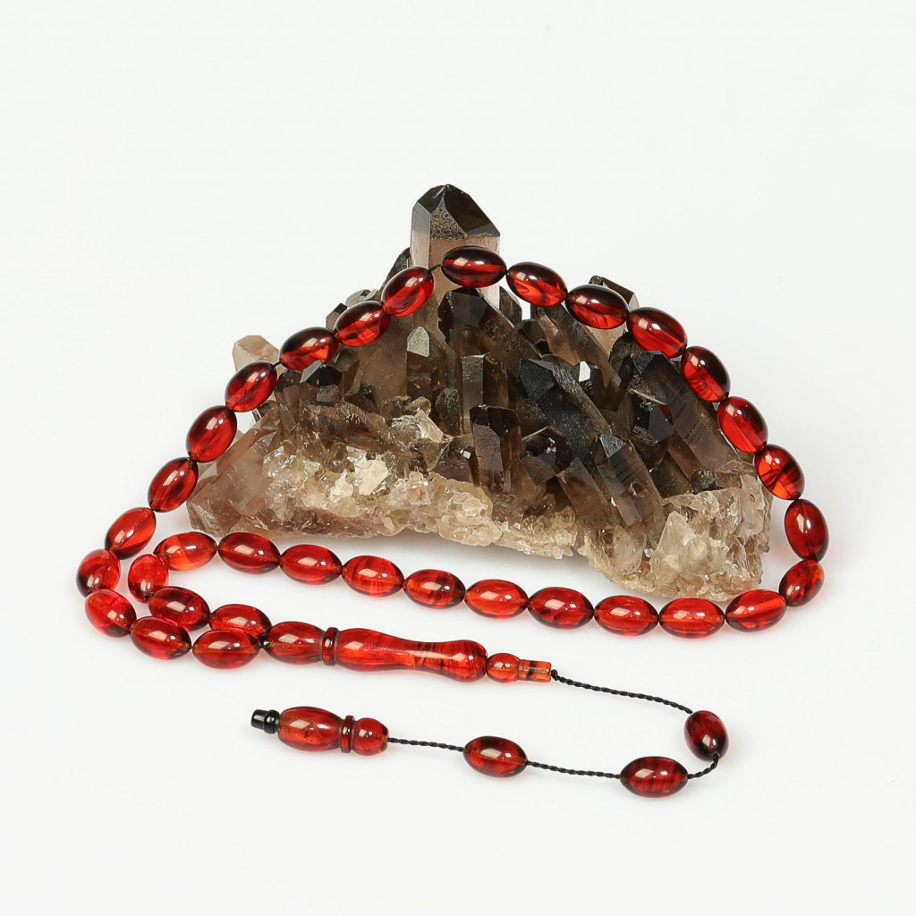 Kırmızı Renk Sıkma Kehribar Tesbih (7*11 mm)