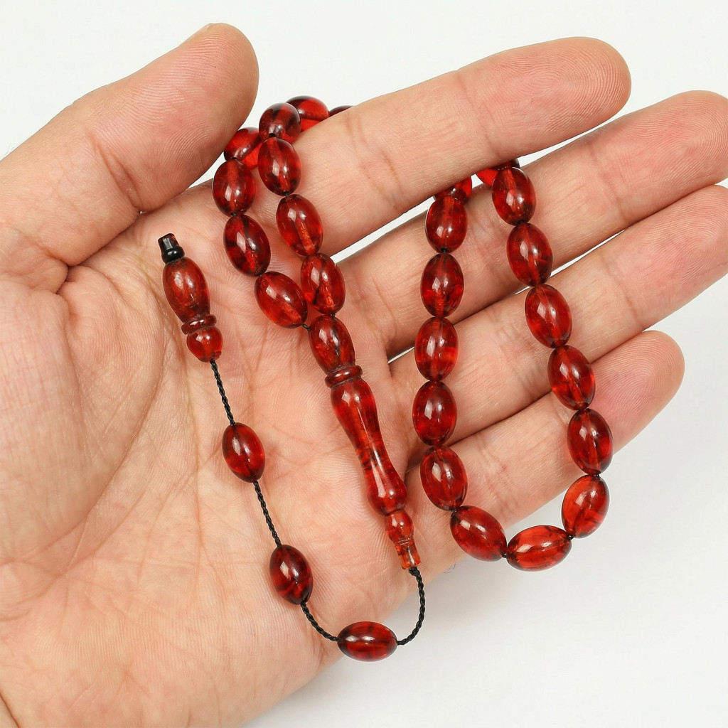 Kırmızı Renk Sıkma Kehribar Tesbih (7*11 mm)