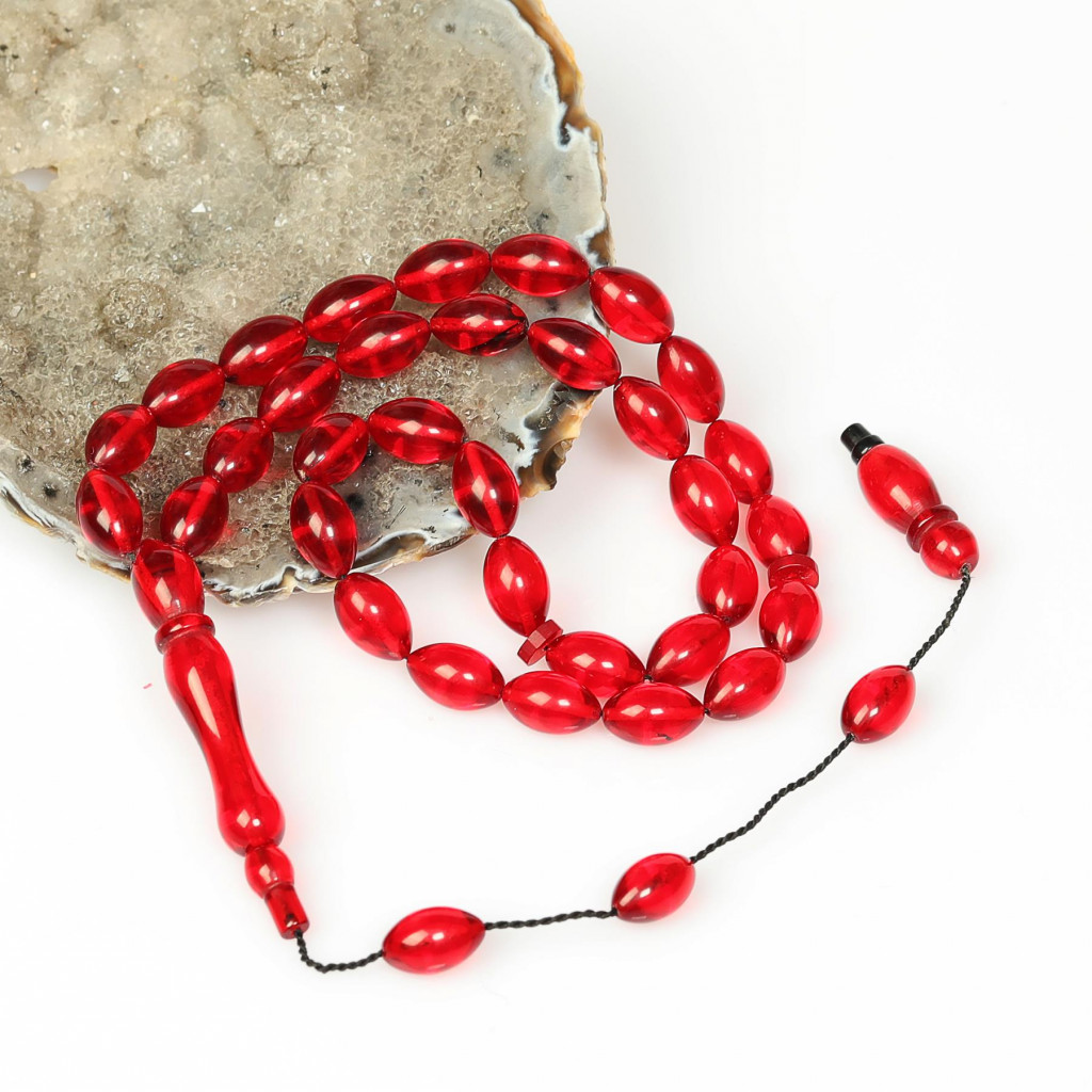 Kor Kırmızı Sıkma Kehribar Tesbih (7*11 mm)