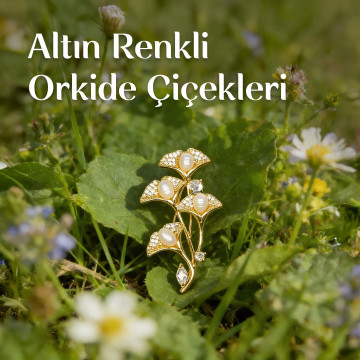 İncili Orkide Demeti Altın Renk Broş - Gerçek İncili