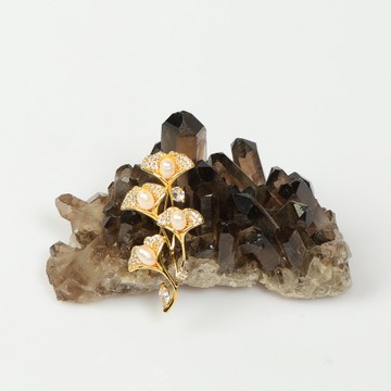 İncili Orkide Demeti Altın Renk Broş - Gerçek İncili - 2