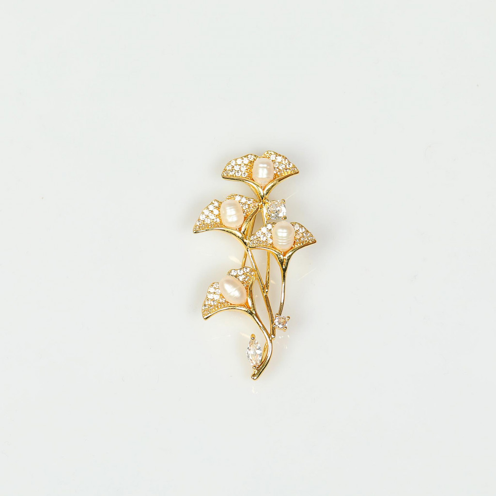 İncili Orkide Demeti Altın Renk Broş - Gerçek İncili