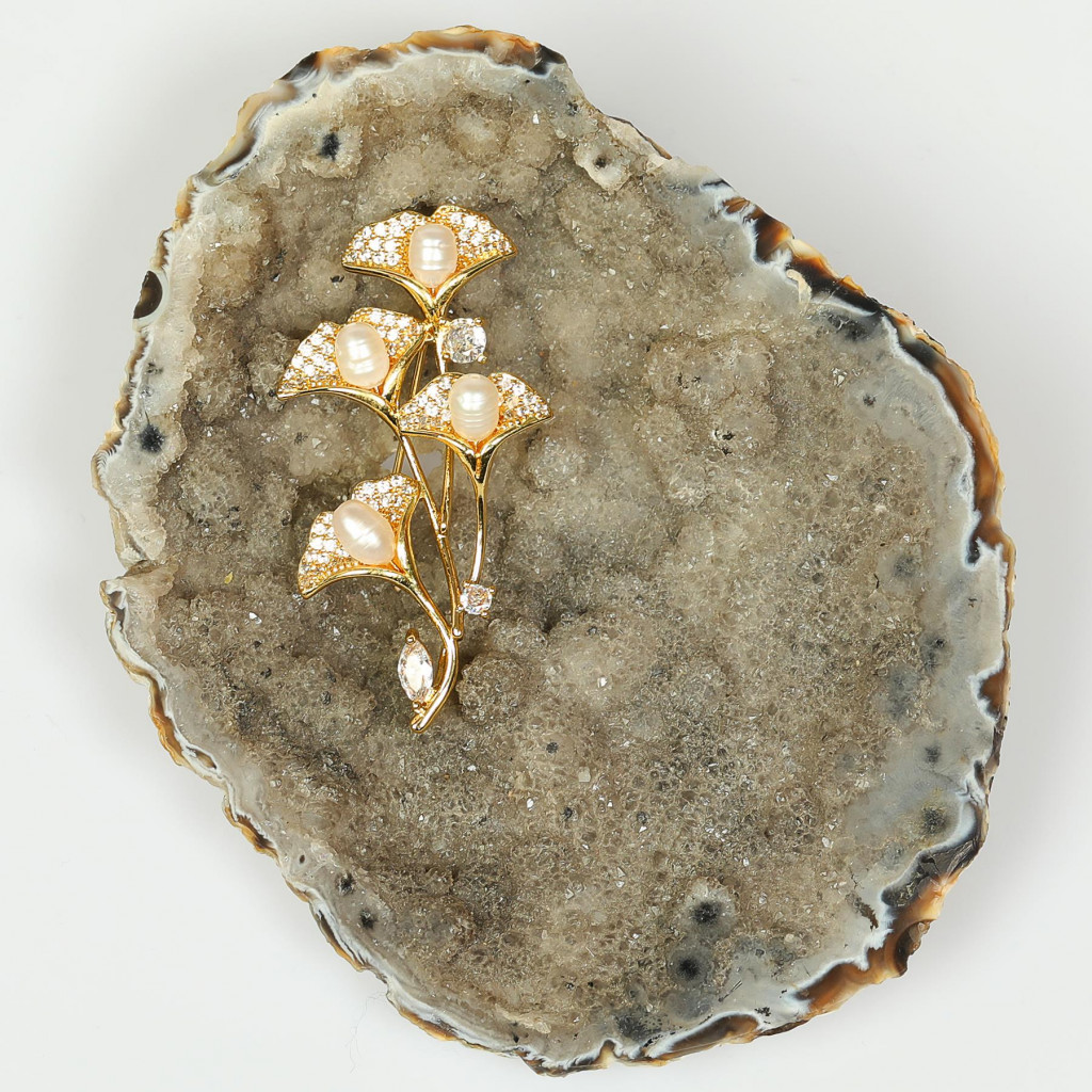 İncili Orkide Demeti Altın Renk Broş - Gerçek İncili