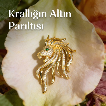 Yeşil Gözlü Altın Renk Aslan Kafası Broş