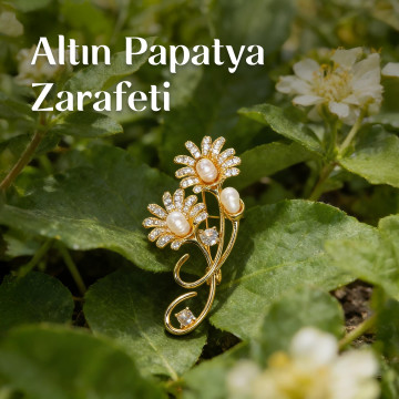 İncili Altın Renk Papatya Buketi Broş - Gerçek İnci