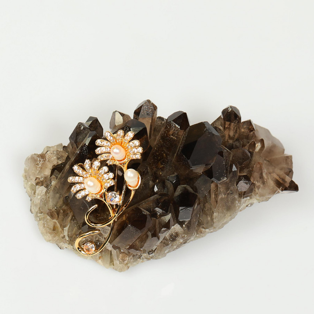 İncili Altın Renk Papatya Buketi Broş - Gerçek İnci