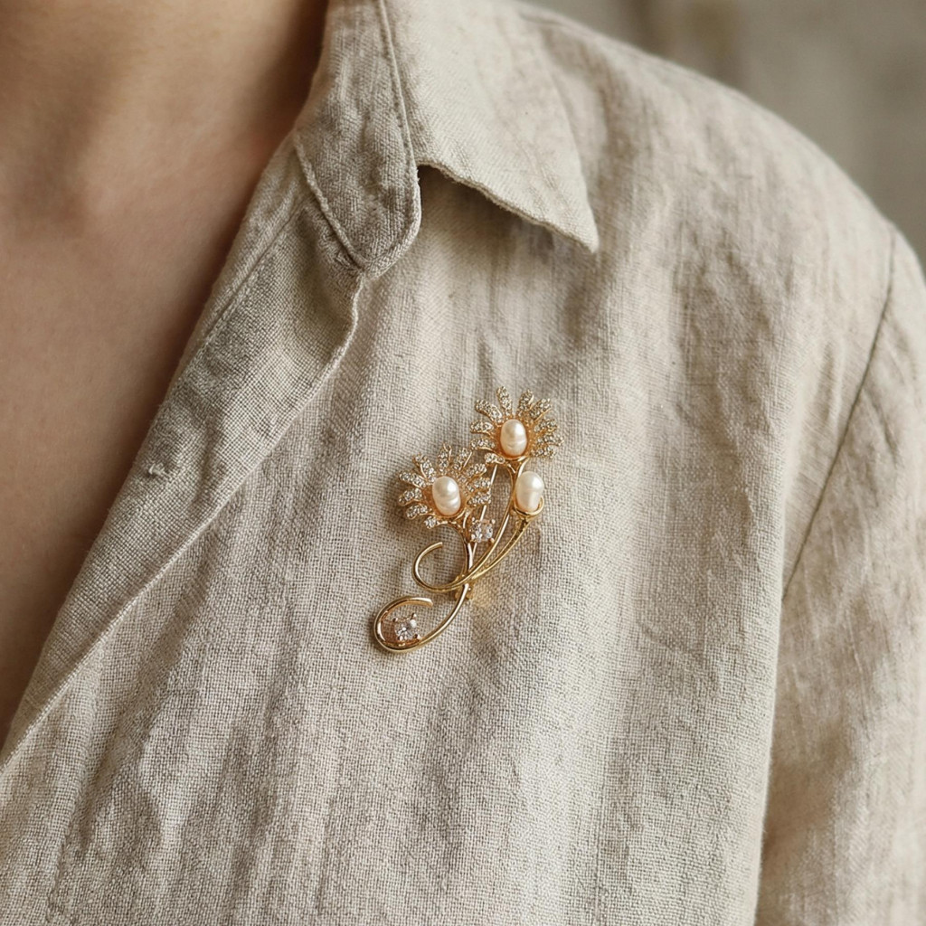 İncili Altın Renk Papatya Buketi Broş - Gerçek İnci