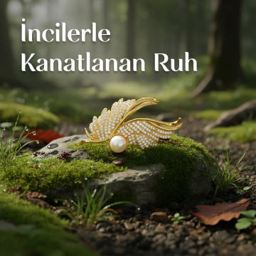 Kanat Şeklinde İncili Altın Renk Broş - Gerçek İnci