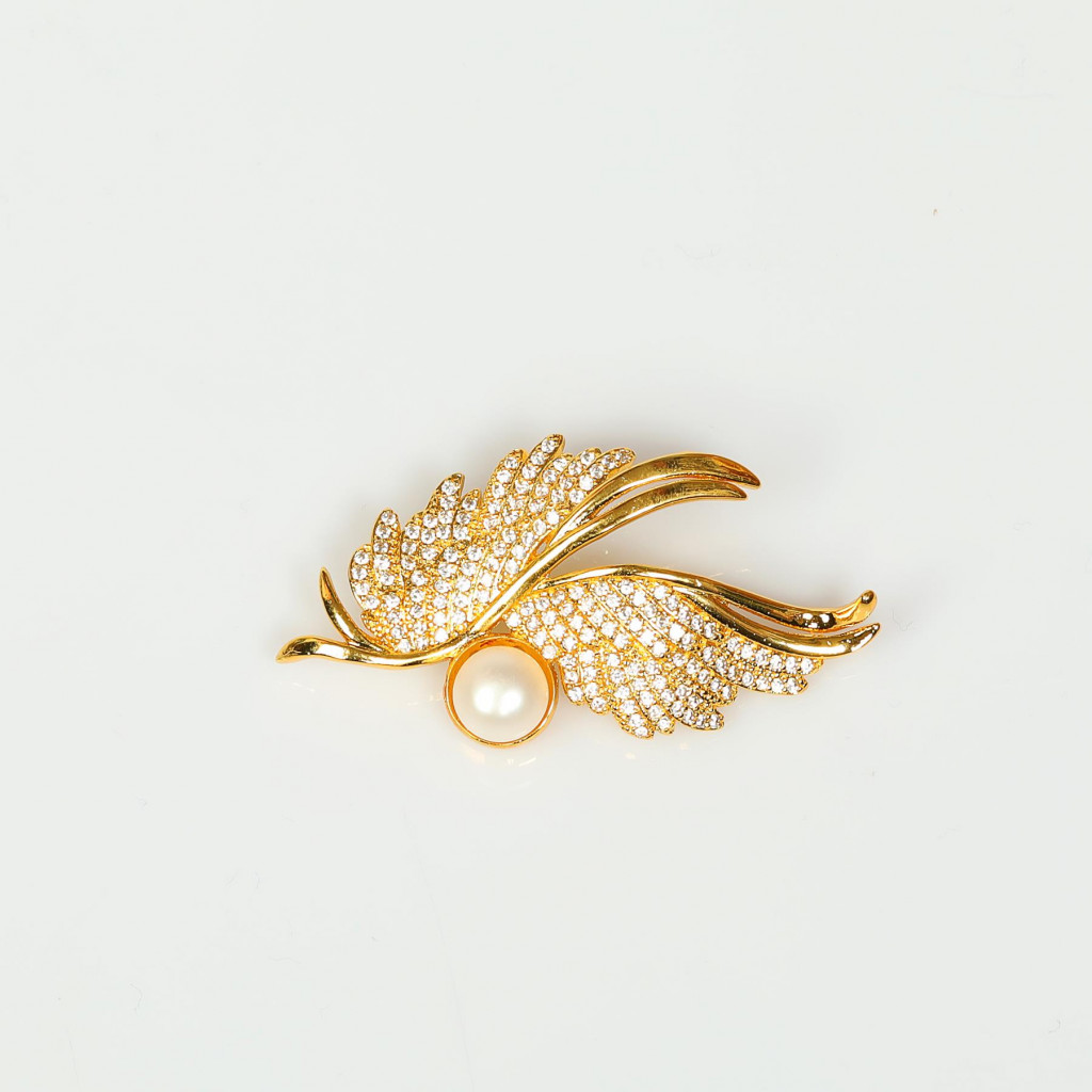 Kanat Şeklinde İncili Altın Renk Broş - Gerçek İnci