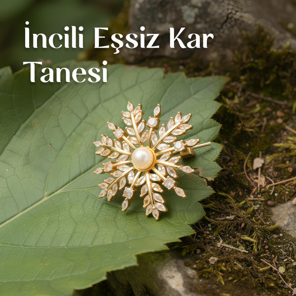 Kar Tanesi Şeklinde İncili Altın Renk Broş - Gerçek İncili
