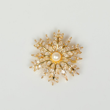 Kar Tanesi Şeklinde İncili Altın Renk Broş - Gerçek İncili