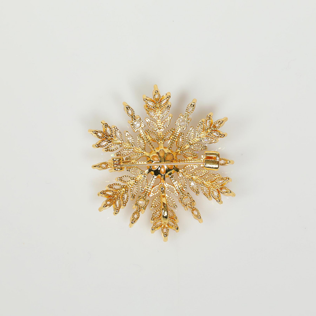 Kar Tanesi Şeklinde İncili Altın Renk Broş - Gerçek İncili