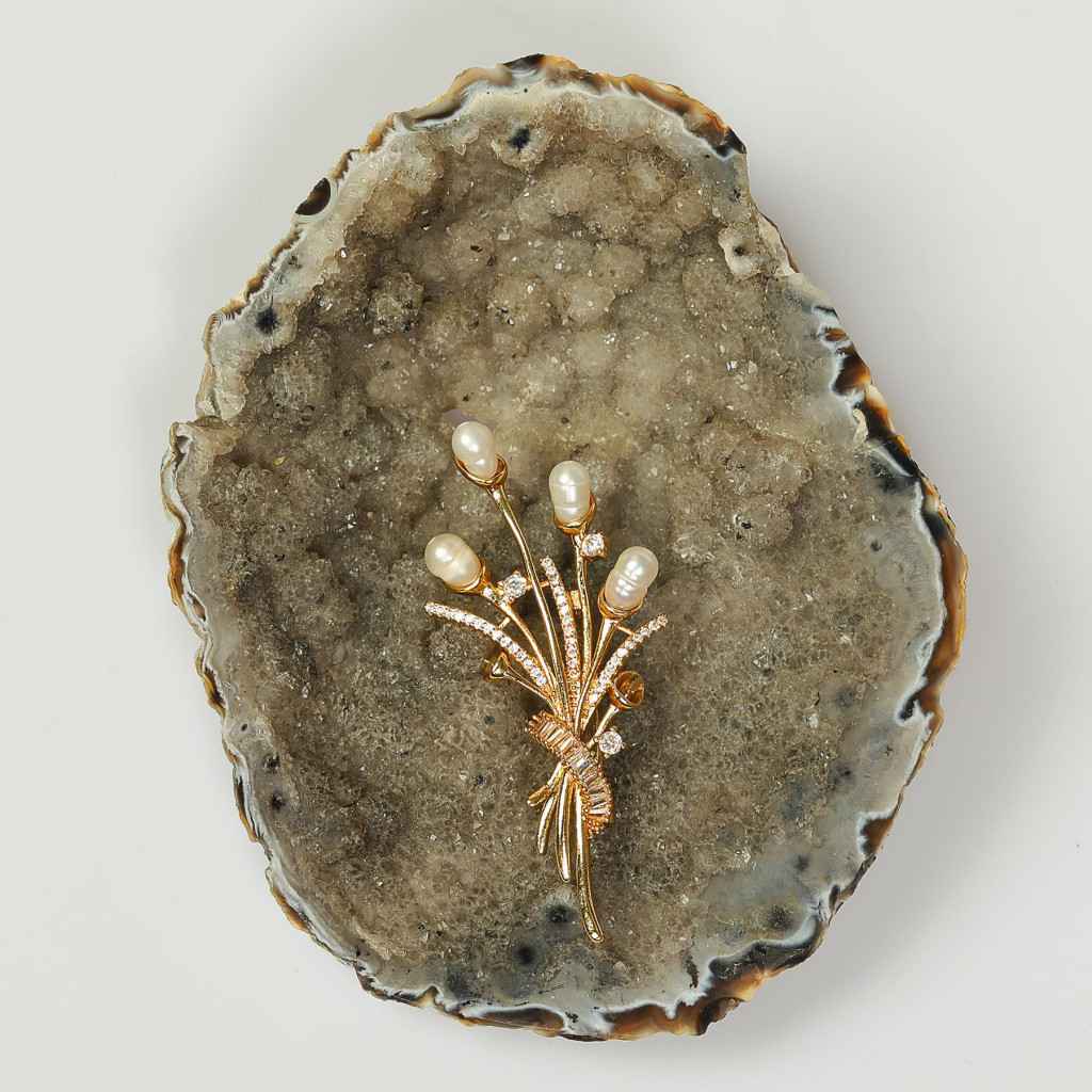 İnci Buketi - Altın Renk Broş