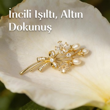 Kurdeleli İnci Demeti - Altın Renk Broş - Gerçek İncili - 2