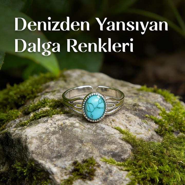 Sentetik Turkuaz Taşı Çelik Yüzük - 2