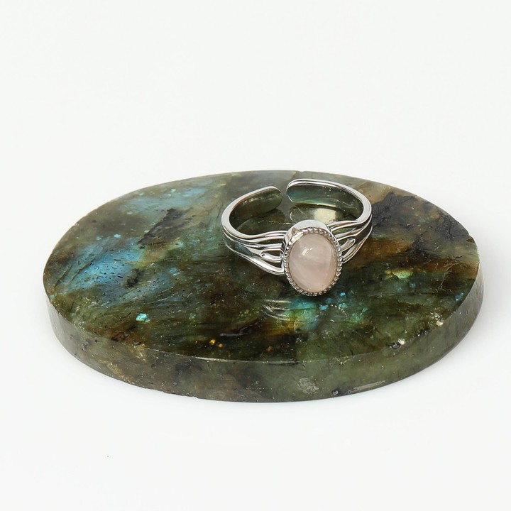 Pembe Kuvars Taşı Çelik Yüzük - Açık Renkli  6*8 mm - 1