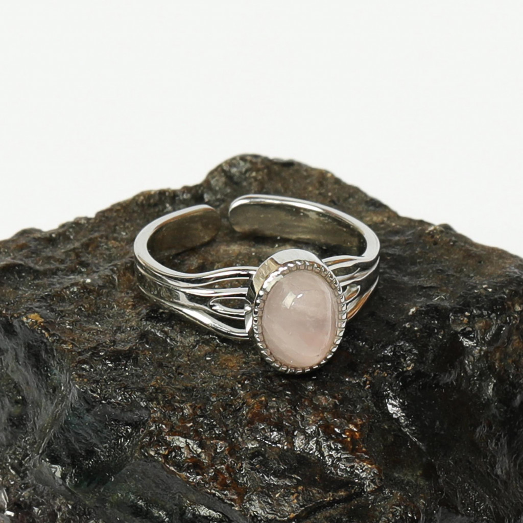 Pembe Kuvars Taşı Çelik Yüzük - Açık Renkli  6*8 mm