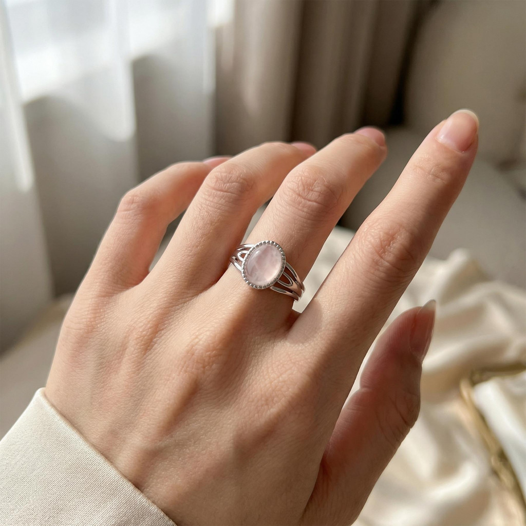 Pembe Kuvars Taşı Çelik Yüzük - Açık Renkli  6*8 mm