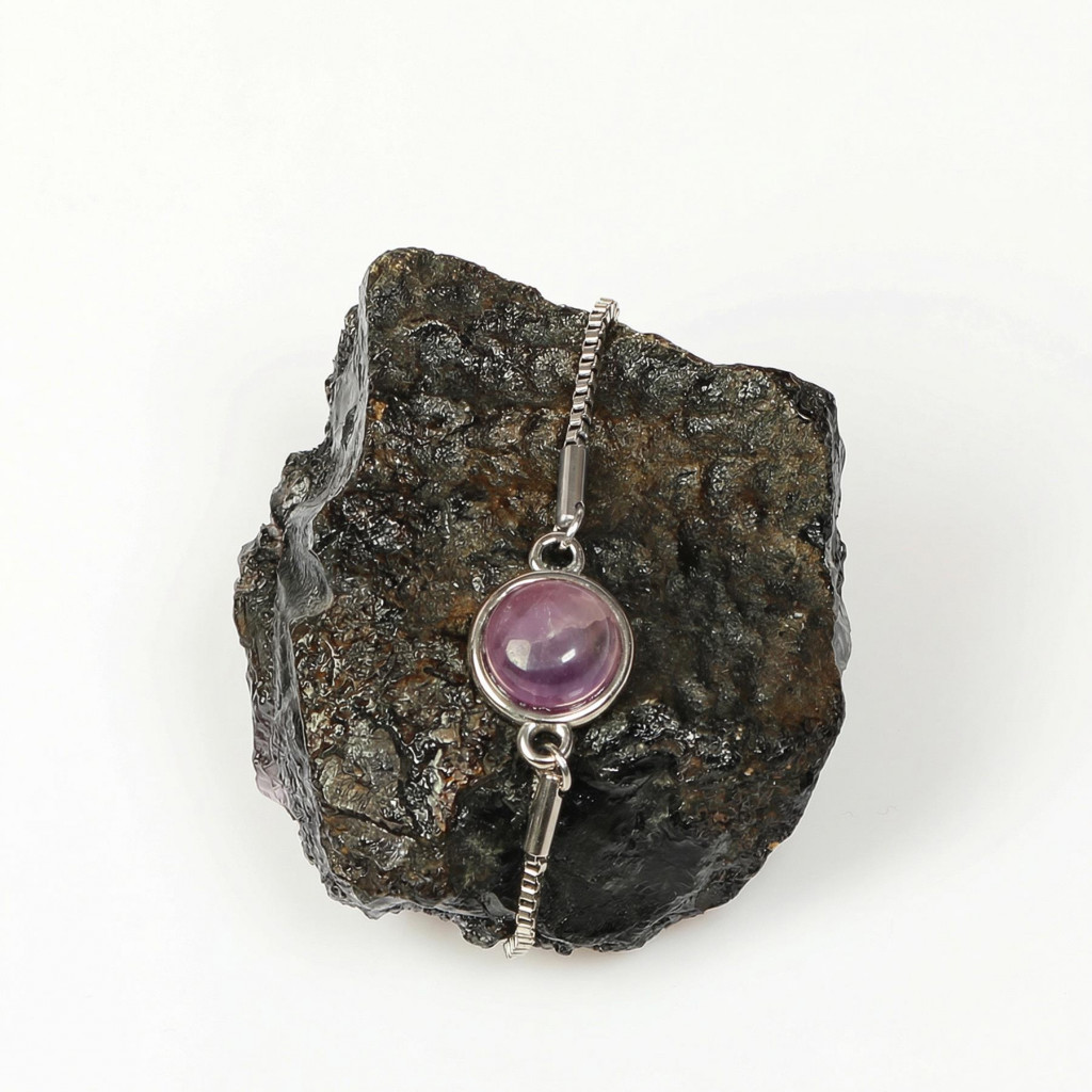 Ametist Taşı Çelik Bileklik 10 mm – Kararmaz – Gümüş Renkli