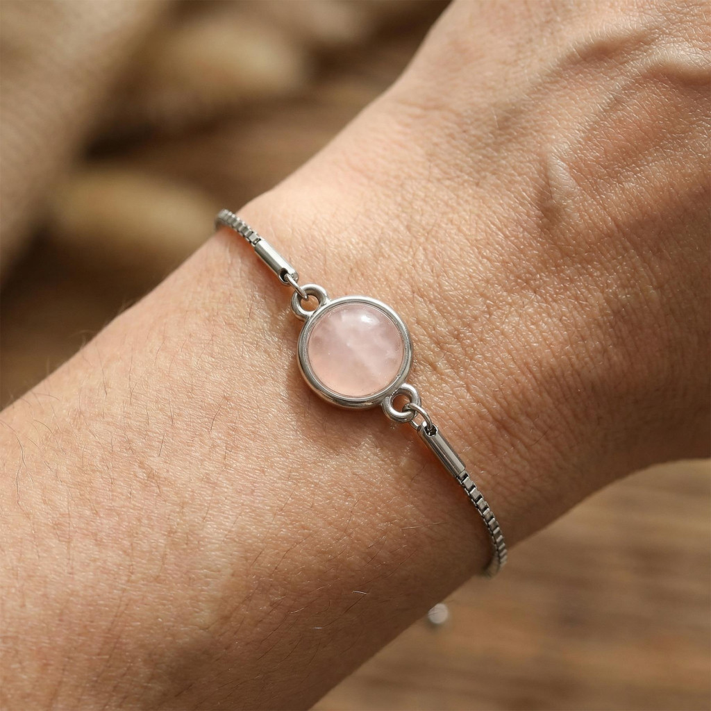 Açık Renkli Pembe Kuvars Taşı Çelik Bileklik 10 mm – Kararmaz