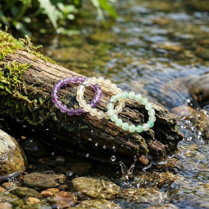 Doğal Taş Lastikli Yüzük Seti – Ametist, Aventurin, Açık Renkli Sitrin – 3.5 mm