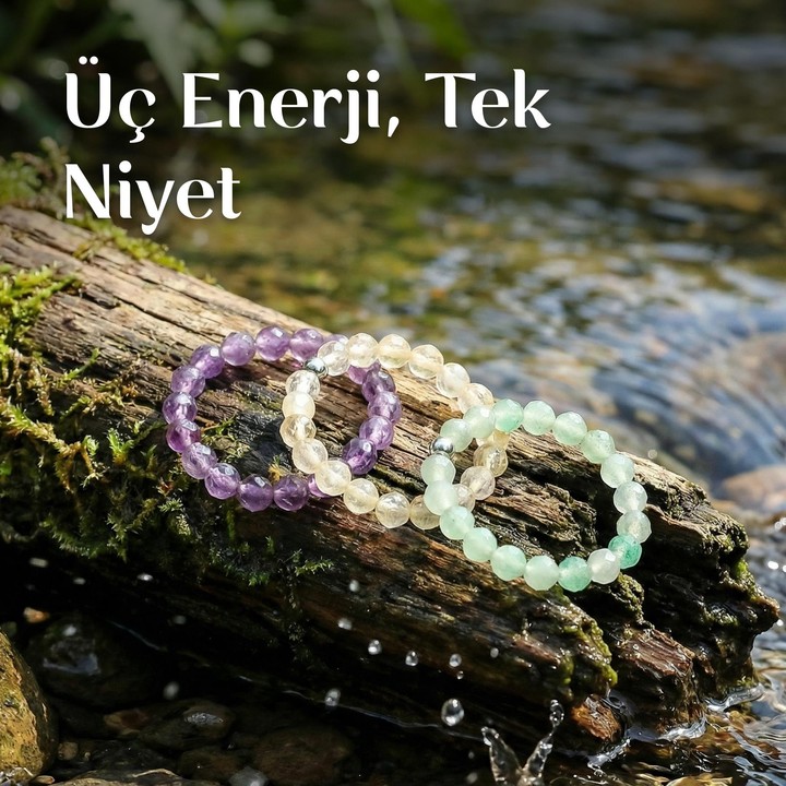 Doğal Taş Lastikli Yüzük Seti – Ametist, Aventurin, Açık Renkli Sitrin – 3.5 mm