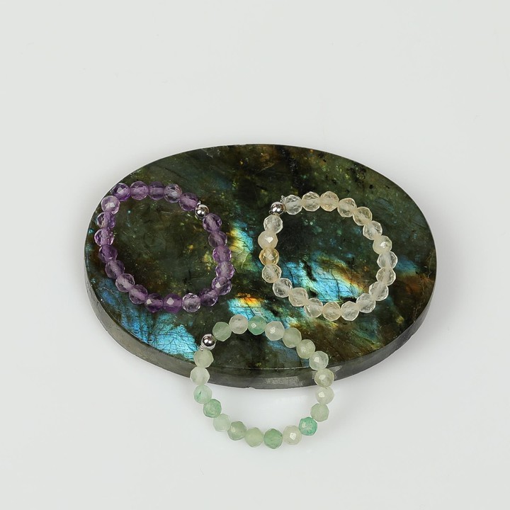 Doğal Taş Lastikli Yüzük Seti – Ametist, Aventurin, Açık Renkli Sitrin – 3.5 mm