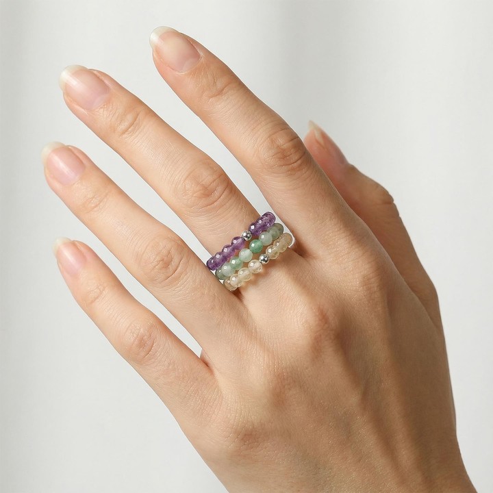 Doğal Taş Lastikli Yüzük Seti – Ametist, Aventurin, Açık Renkli Sitrin – 3.5 mm